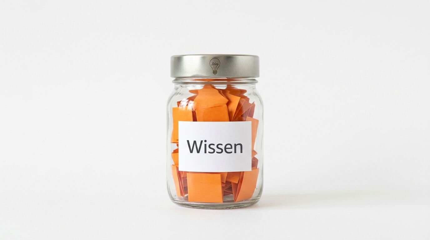 Glasgefäß mit orangefarbenen Zetteln und dem Etikett