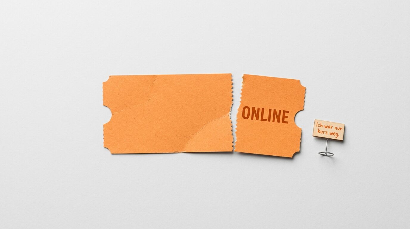Zerrissenes oranges Ticket mit Aufschrift ONLINE und Holzpin Ich war nur kurz weg
