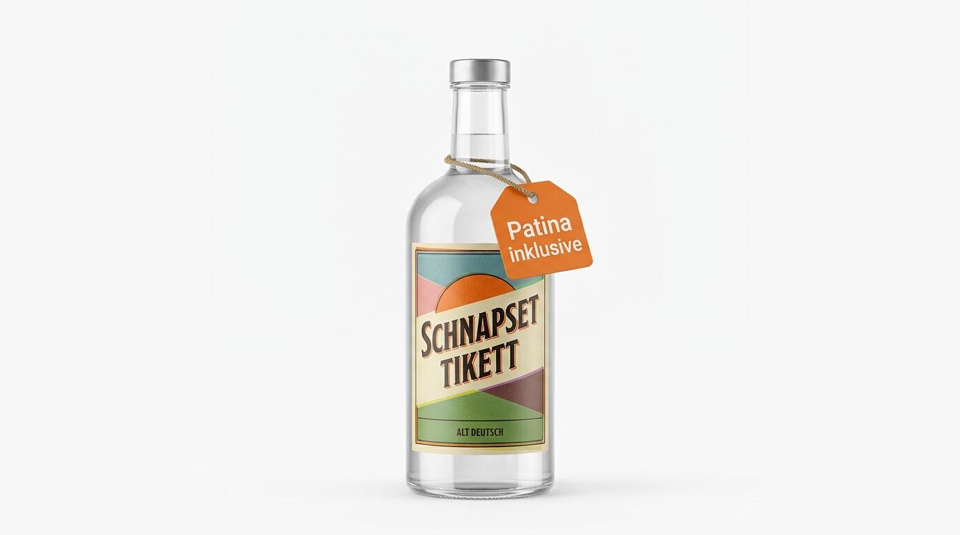 Schnapsflasche mit Etikett und orangefarbenem Anhänger