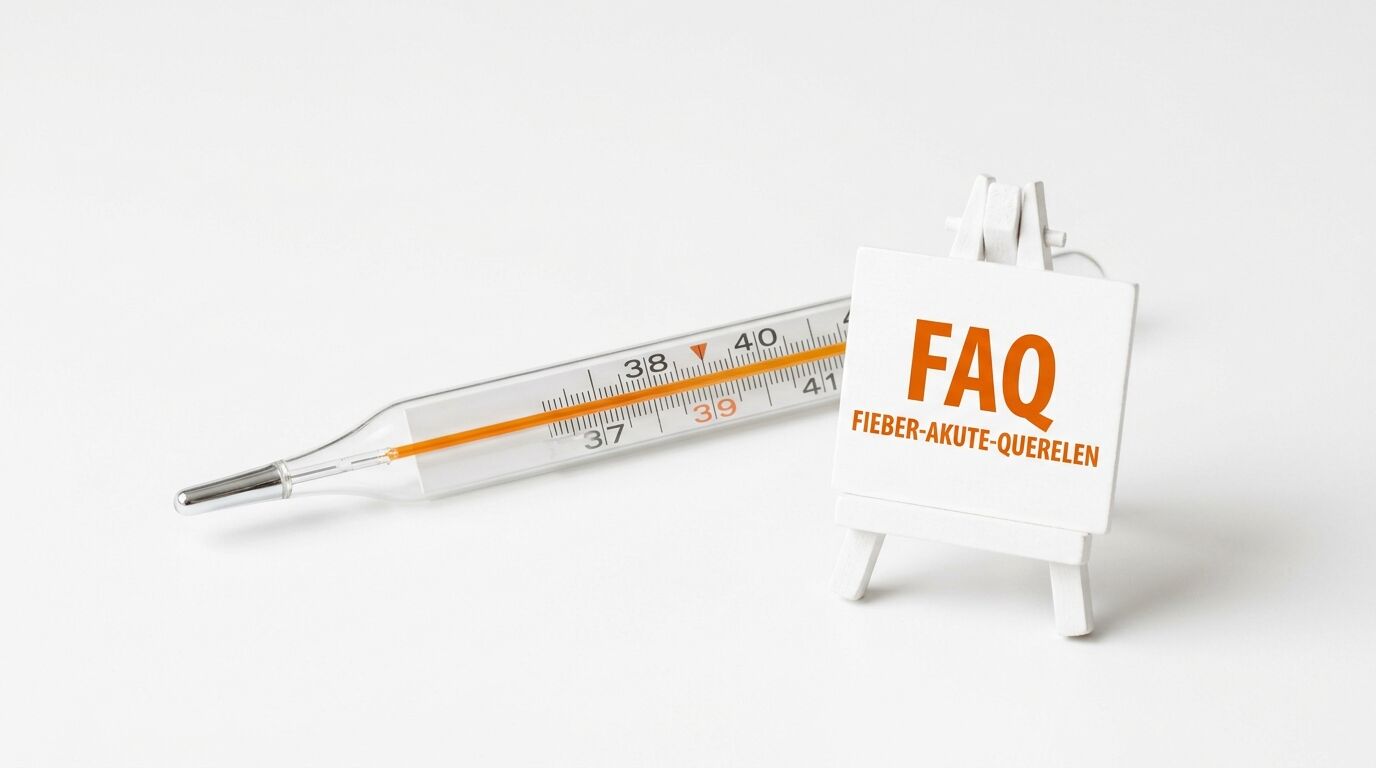 Glas-Fieberthermometer mit orangefarbener Flüssigkeitssäule neben Miniatur-Staffelei mit dem Text „FAQ FIEBER-AKUTE-QUERELEN“