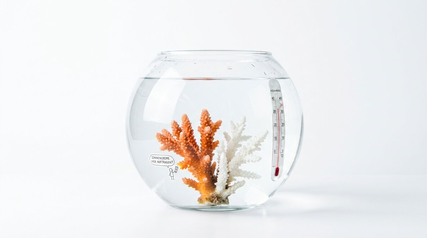 Kugelglas mit halbgebleichter Koralle, Thermometer und Strichmännchen, das nach Sonnencreme ruft