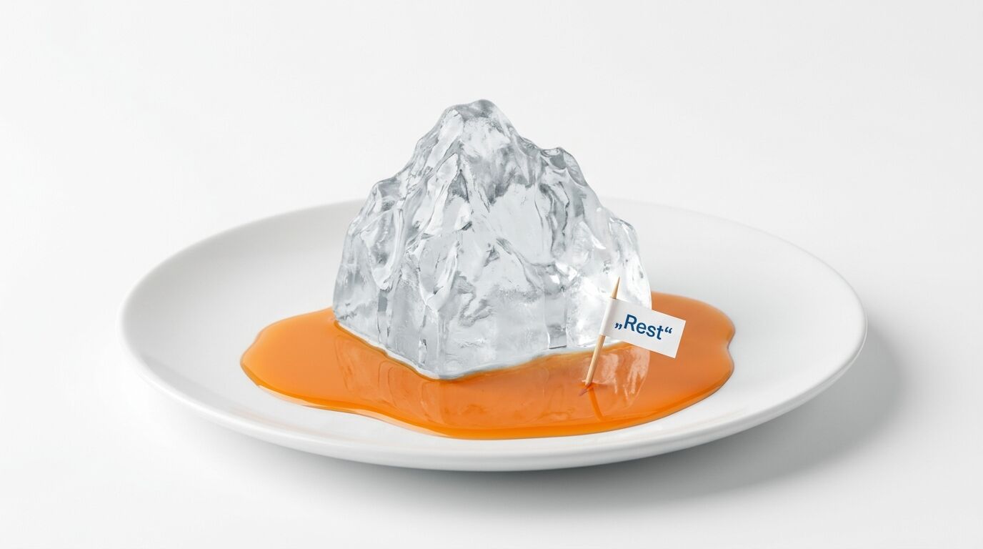 Eisbergförmiger Eiswürfel in Soße auf Teller mit „Rest“-Fähnchen