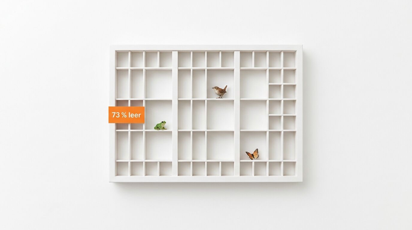 Setzkasten mit Frosch, Vogel, Schmetterling und der Aufschrift „73 % leer“