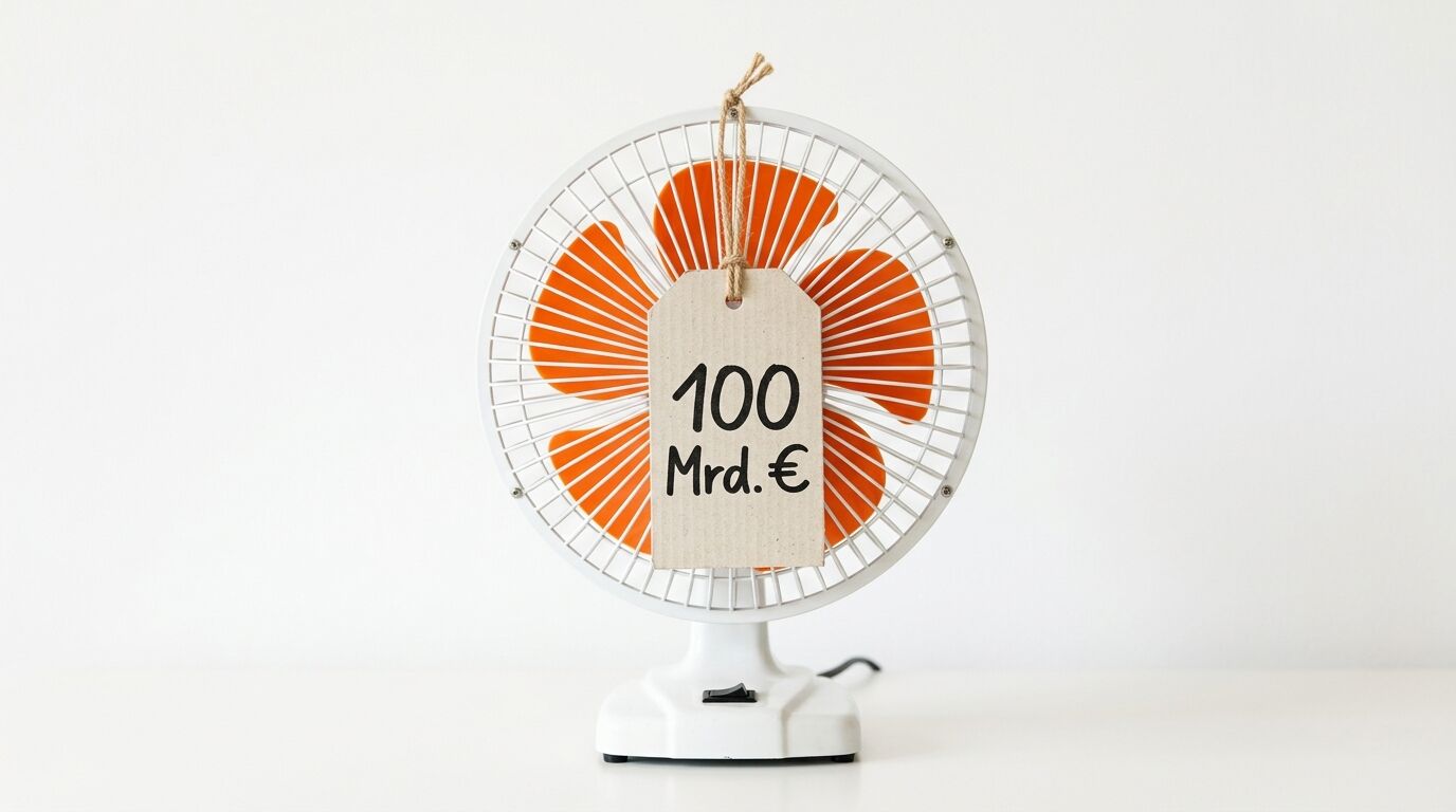 Weißer Ventilator, orangefarbenes Rad, Schild „100 Mrd. €“ am Gitter, weißer Hintergrund