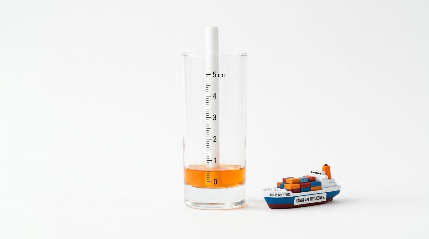Glas mit Messstab und Flüssigkeit, daneben kleines Containerschiff auf weißem Grund