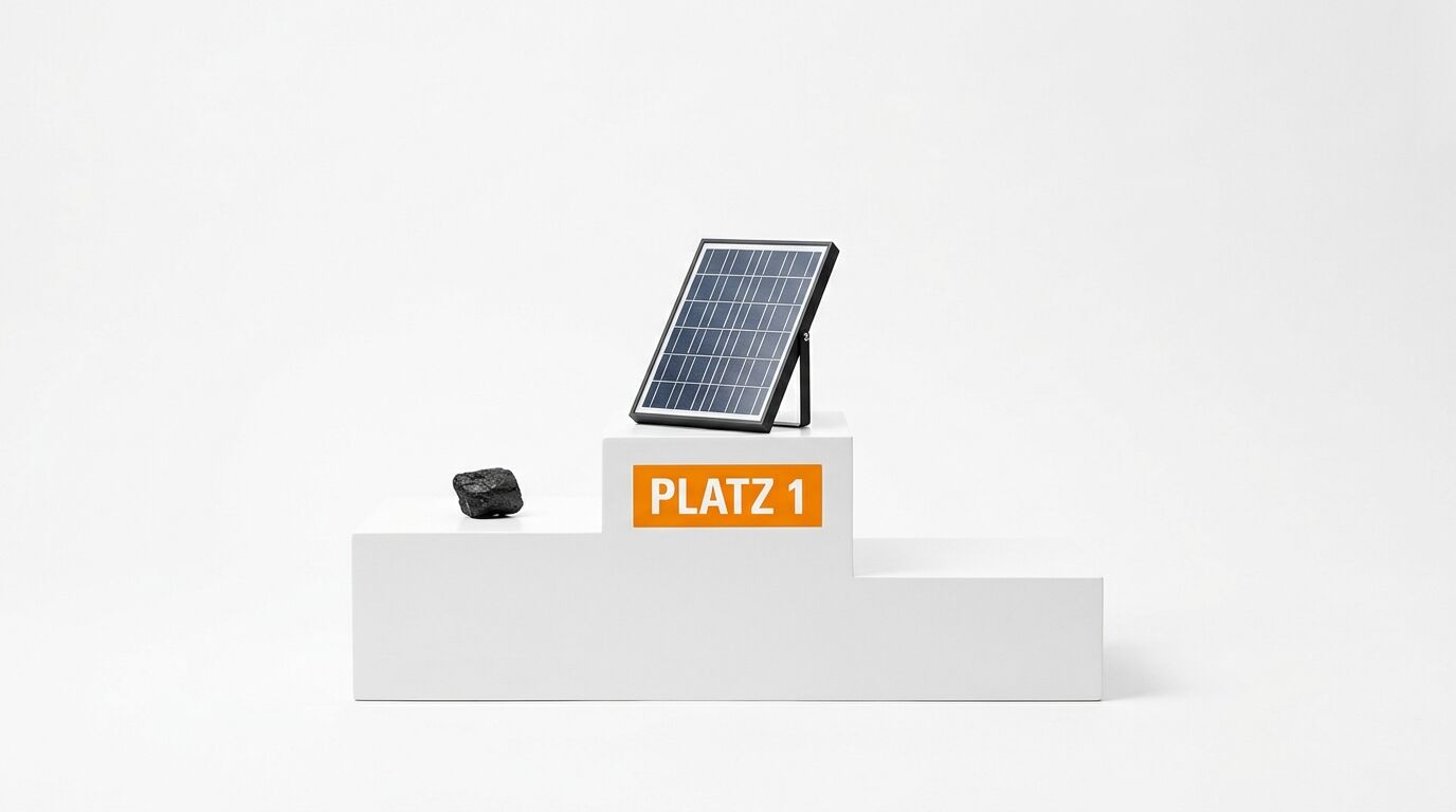 Solarpanel auf Platz 1 eines Podiums, Kohle auf Platz 2, vor weißem Hintergrund