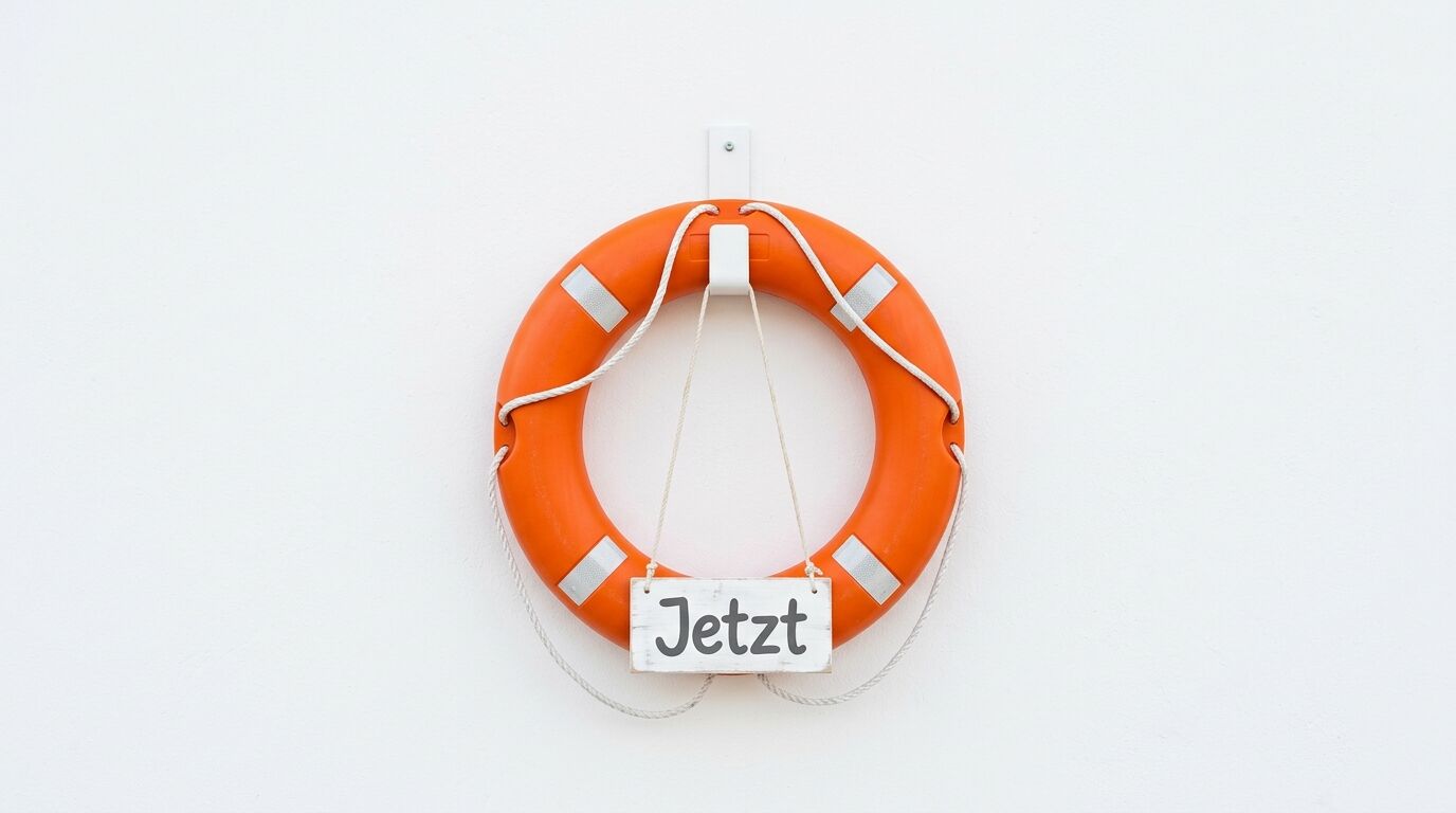 Orangefarbener Rettungsring an einer weißen Wand mit einem Schild, auf dem „Jetzt“ steht