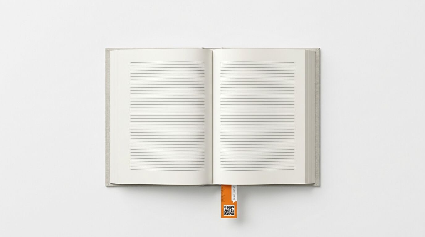 Ein offenes, liniertes Notizbuch mit einem orangefarbenen QR-Code-Lesezeichen auf weißem Grund