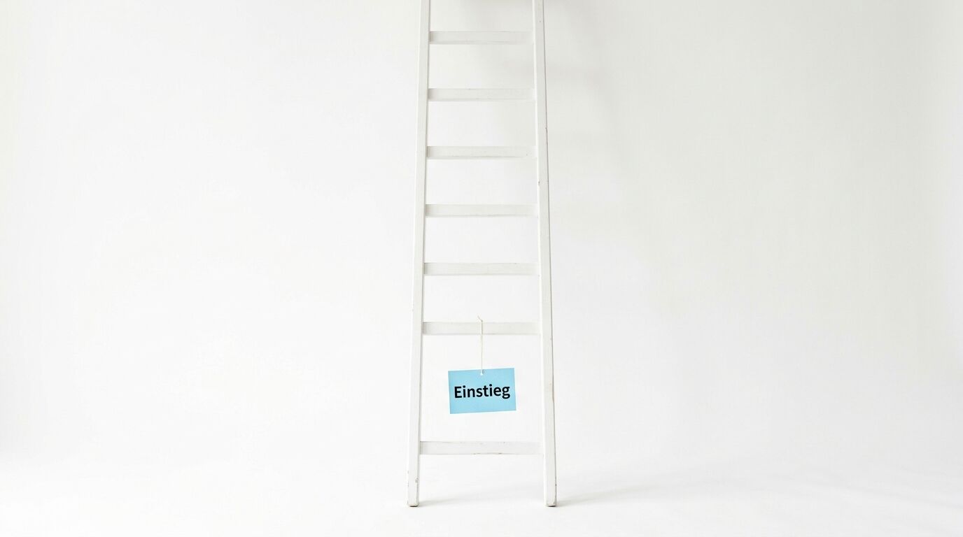 Weiße Leiter vor weißem Hintergrund mit Schild „Einstieg“ an einer Sprosse