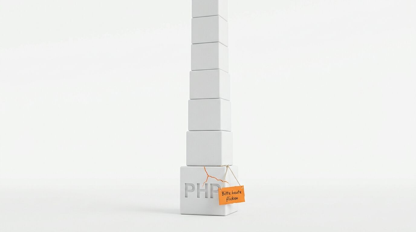 Turm aus weißen Würfeln auf rissigem PHP-Fundament mit 'Bitte heute flicken'-Schild