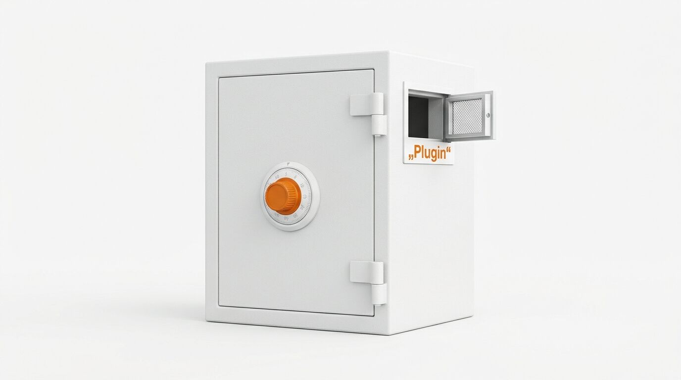 Ein weißer Tresor mit Zahlenschloss und einer geöffneten Seitenklappe namens „Plugin“
