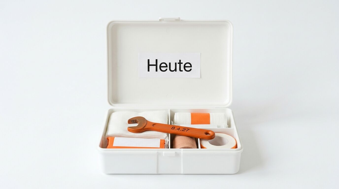 Offener Erste-Hilfe-Kasten mit Verbandsmaterial und einem Maulschlüssel
