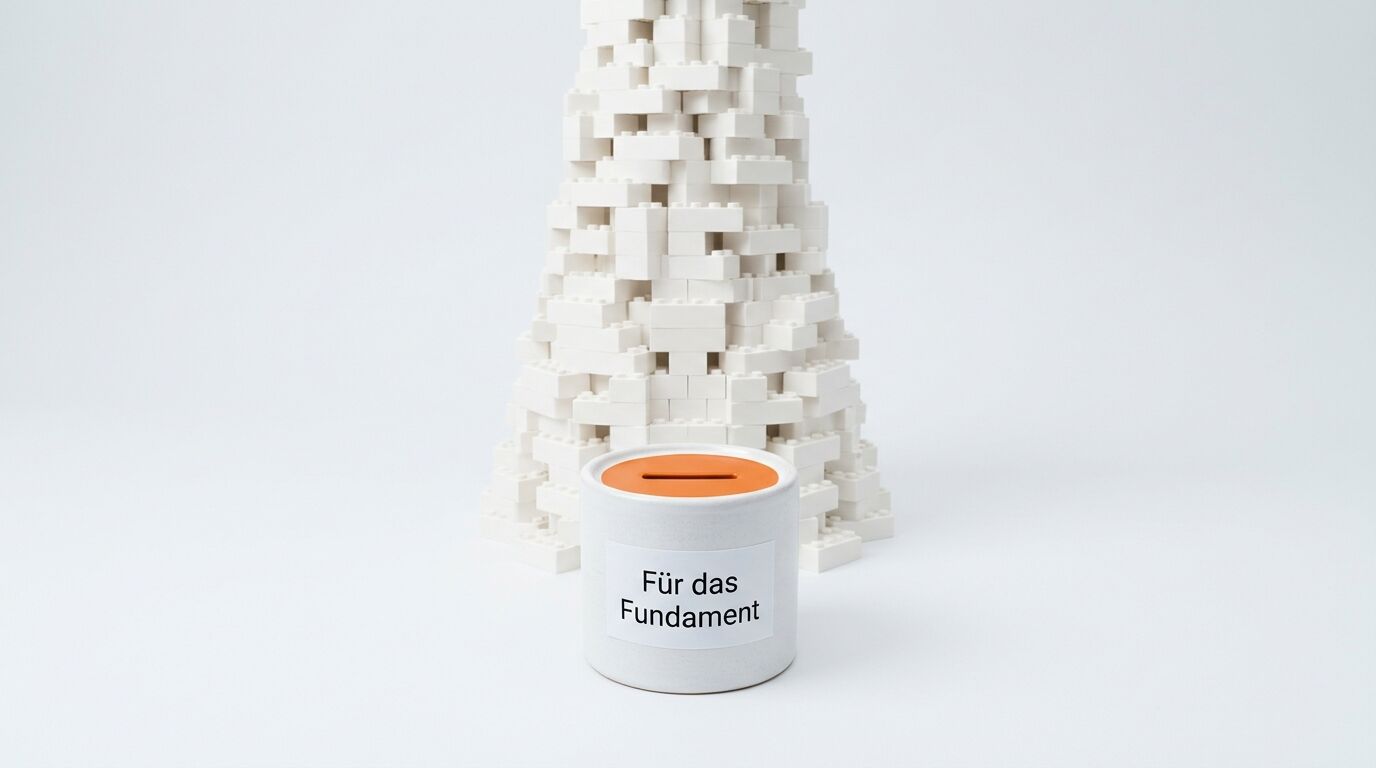 Spardose vor Turm aus Klemmbausteinen mit der Aufschrift „Für das Fundament“