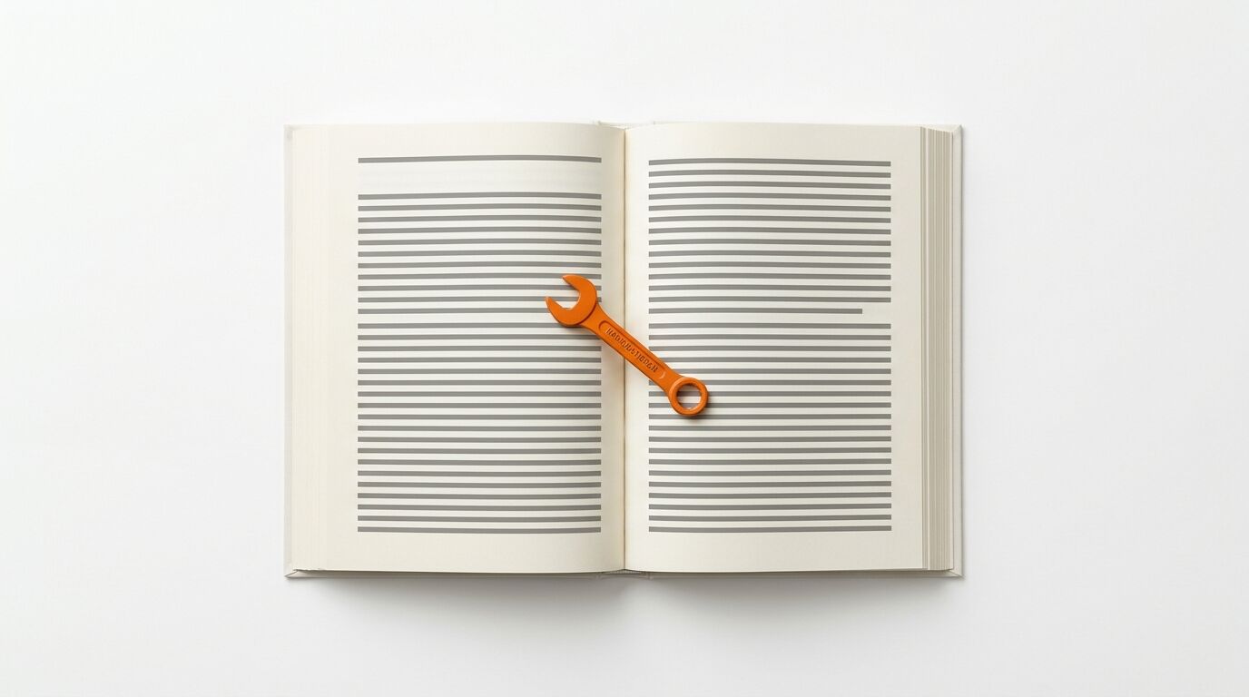 Draufsicht auf ein aufgeschlagenes Buch mit einem orangefarbenen Maulschlüssel darauf