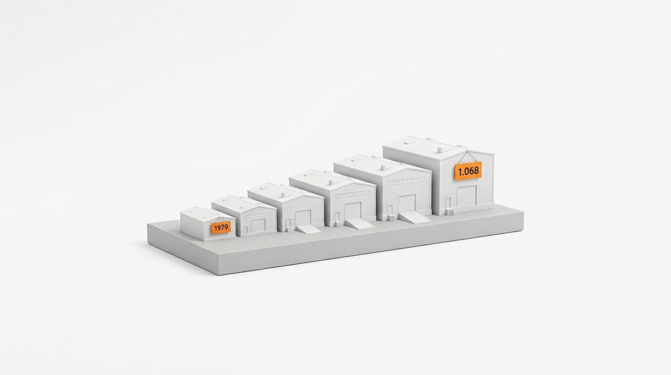 Fünf ansteigende Modell-Lagerhallen mit orangefarbenen Schildern 1979 und 1068