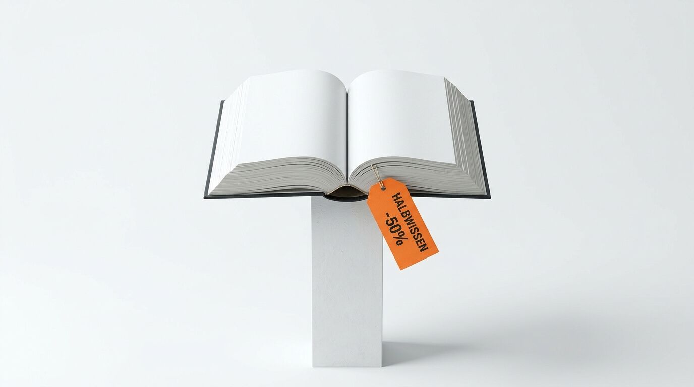 Offenes Buch auf weißem Sockel mit orangefarbenem Anhänger „Halbwissen -50%“