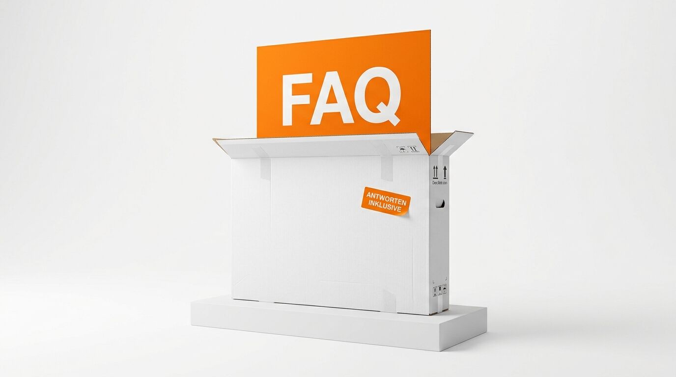 Weißer Karton mit orangefarbenem Schild „FAQ“ und Aufkleber „ANTWORTEN INKLUSIVE“ auf Sockel