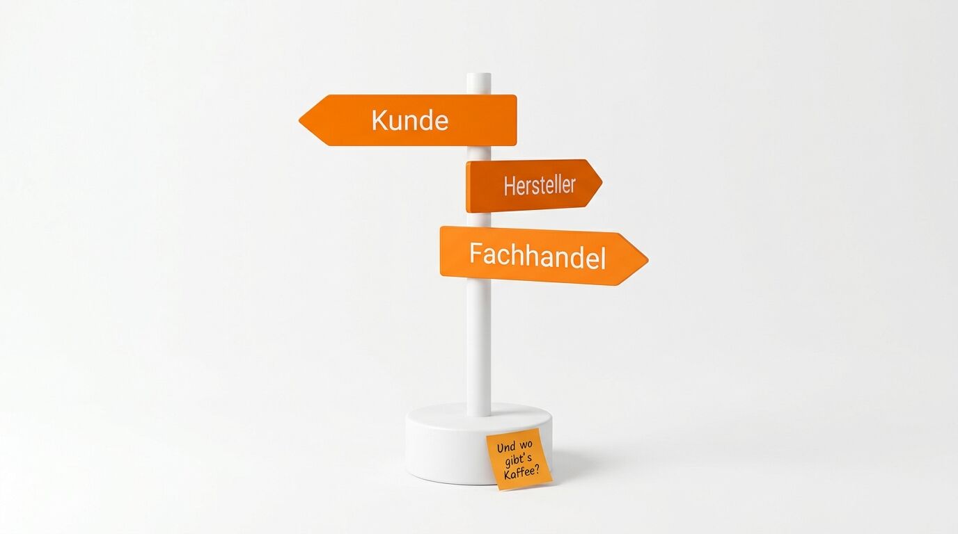 Oranger Wegweiser vor weißem Hintergrund mit Pfeilen für Kunde, Hersteller und Fachhandel