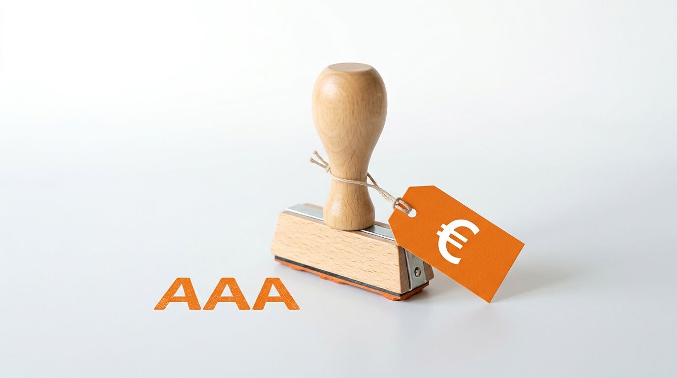 Ein Holzstempel mit einem Anhänger mit Euro-Symbol und dem Wort „AAA“ auf weißem Hintergrund
