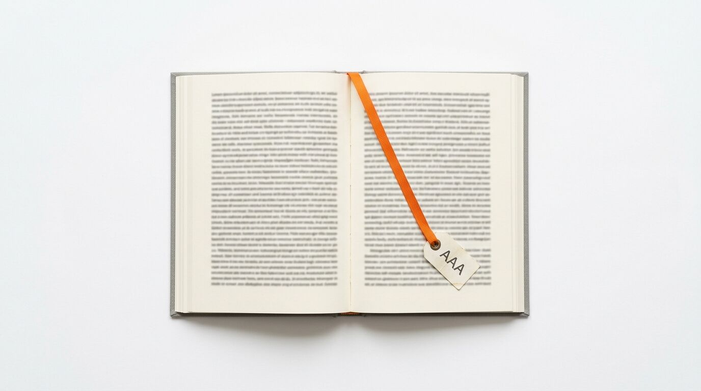 Ein aufgeschlagenes Buch mit grauem Einband, einem orangefarbenen Lesezeichen und einem AAA-Tag