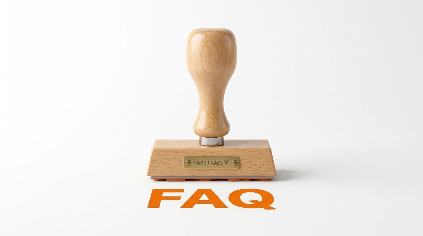 Ein Holzstempel mit der Gravur „HABE FRAGEN?“ über dem orangen Abdruck „FAQ“