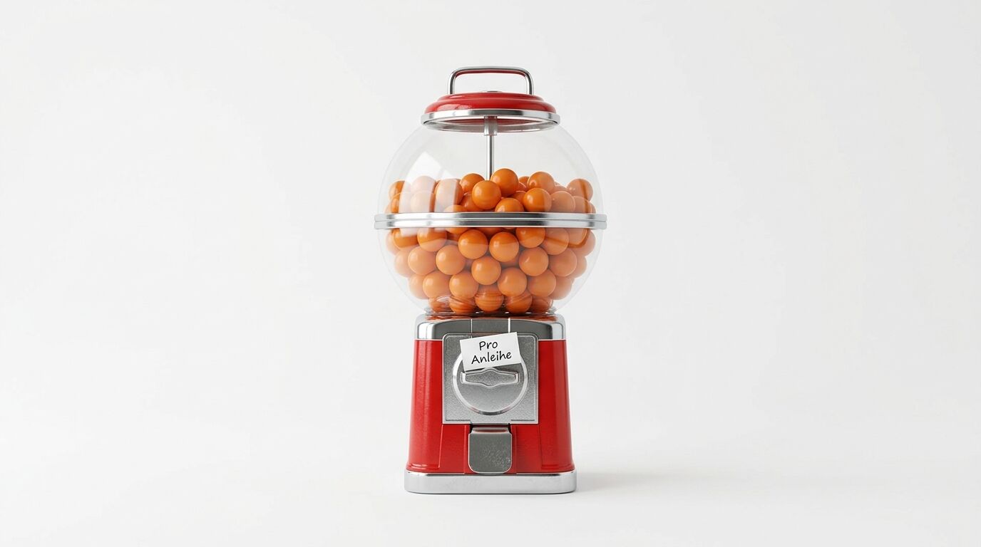 Roter Kaugummiautomat mit orangefarbenen Kugeln und Etikett vor weißem Hintergrund