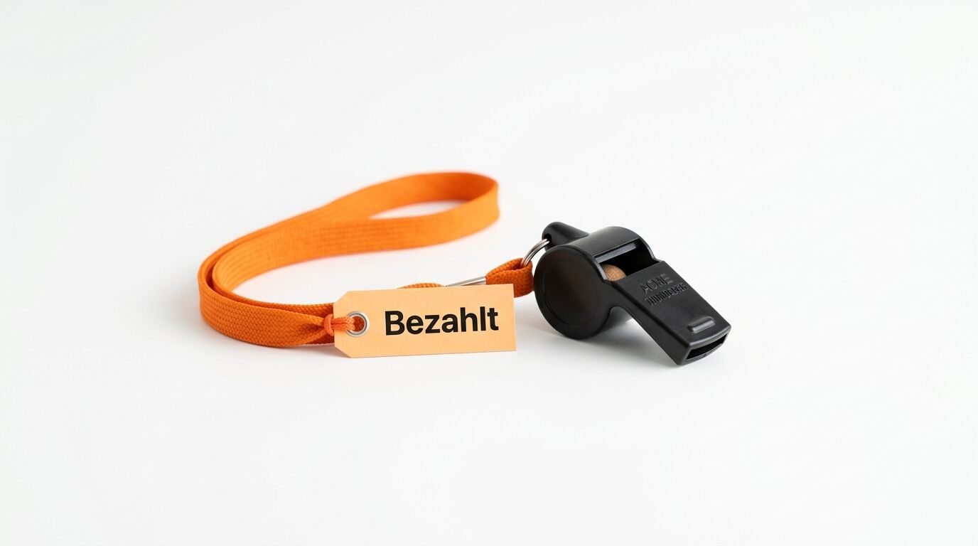 Eine schwarze Pfeife und ein orangefarbenes Schlüsselband mit einem Schild mit der Aufschrift „Bezahlt“ sind auf einem neutralen weißen Hintergrund ausgelegt