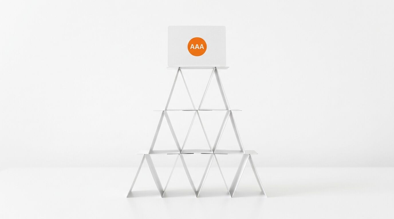 Kartenhaus mit Karte ganz oben, die einen orangefarbenen Punkt mit „AAA“ zeigt
