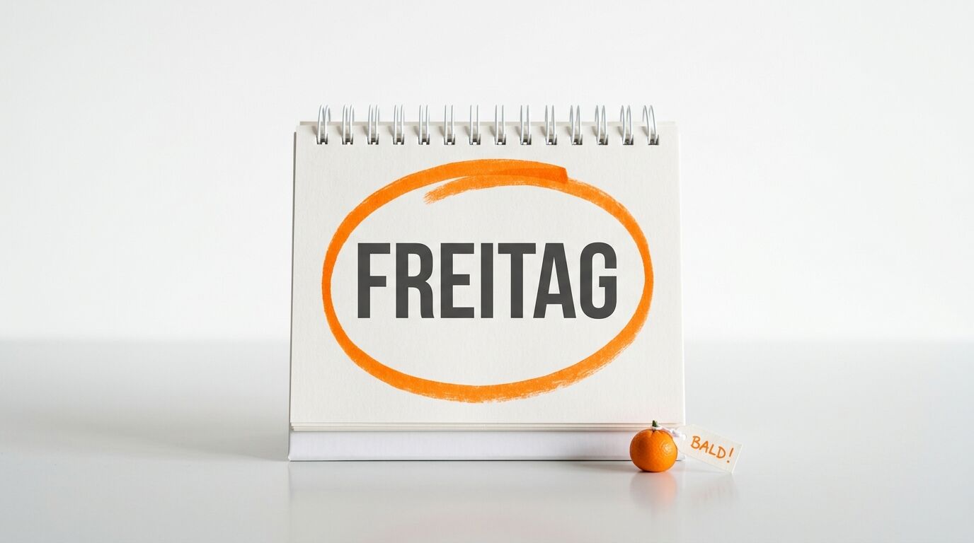 Ein Kalenderblatt mit dem Wort FREITAG in einem orangefarbenen Kreis