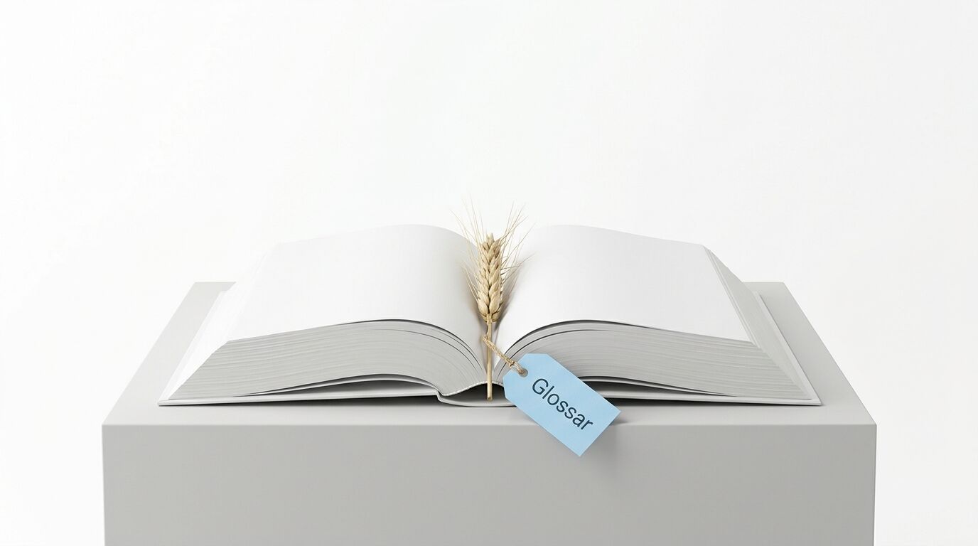 Aufgeschlagenes Buch mit leeren Seiten, einer Getreideähre und dem Anhänger „Glossar“