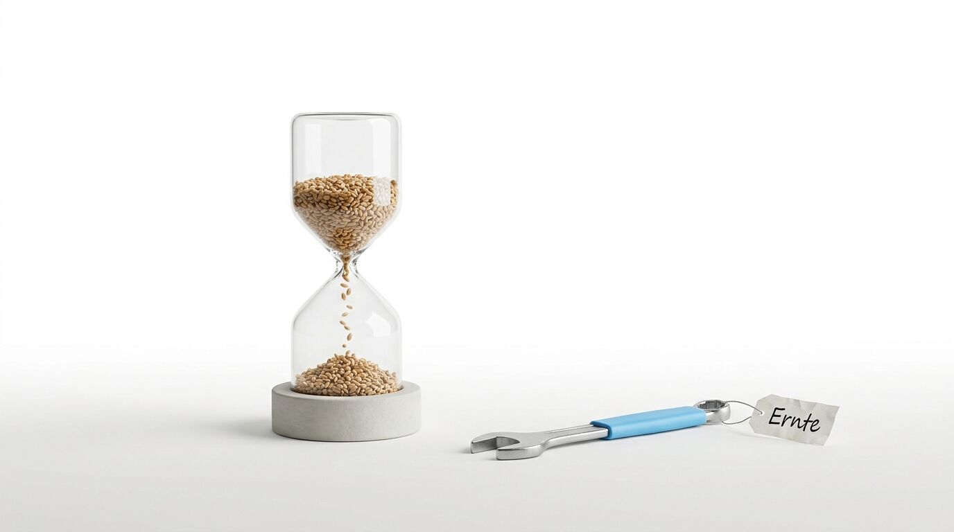 Eine Sanduhr mit Getreidekörnern und ein Maulschlüssel mit einem Anhänger mit der Aufschrift Ernte