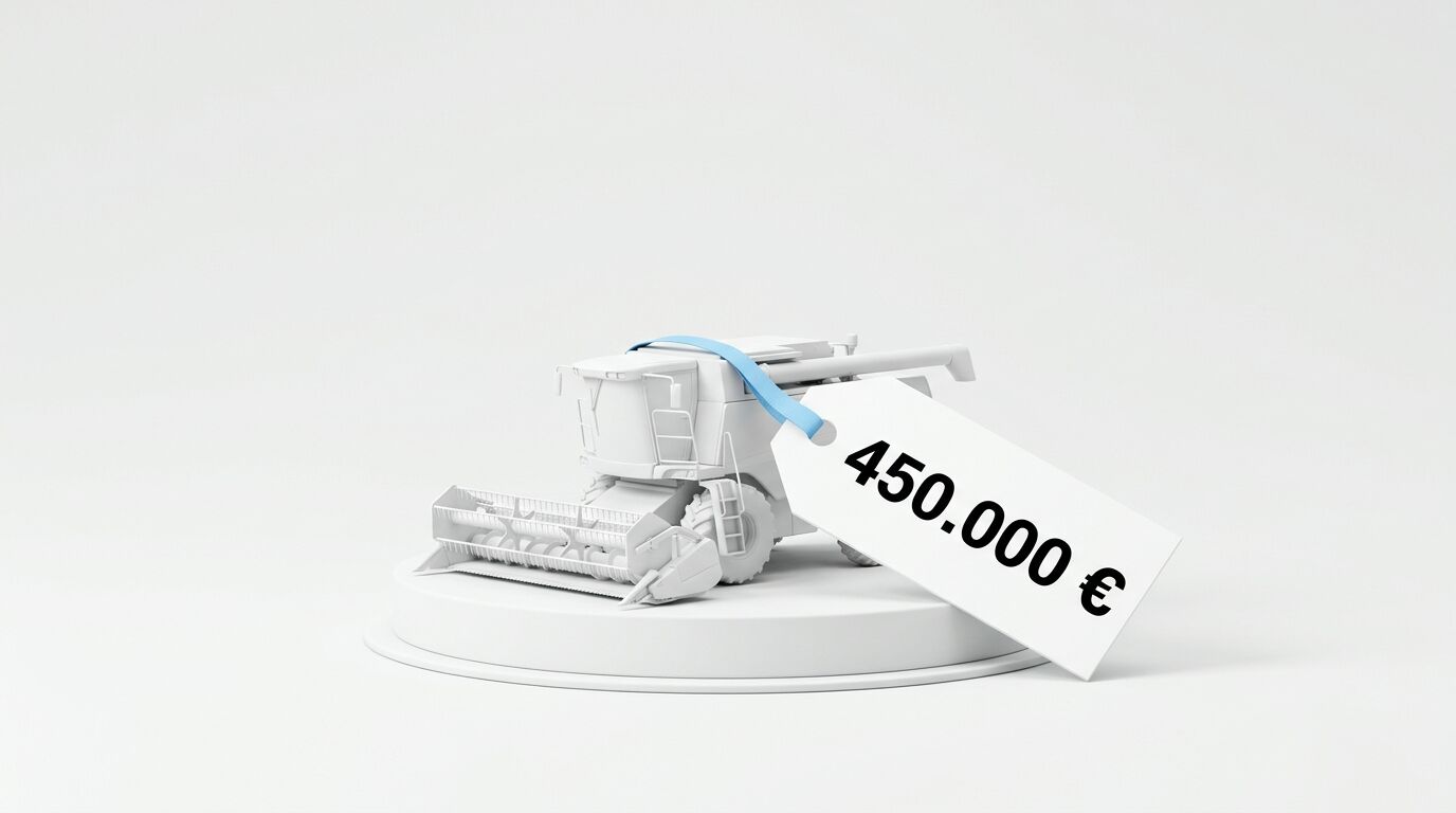 Ein weißes Mähdrescher-Modell auf einem weißen Sockel, mit einem Preisschild mit „450.000 €“