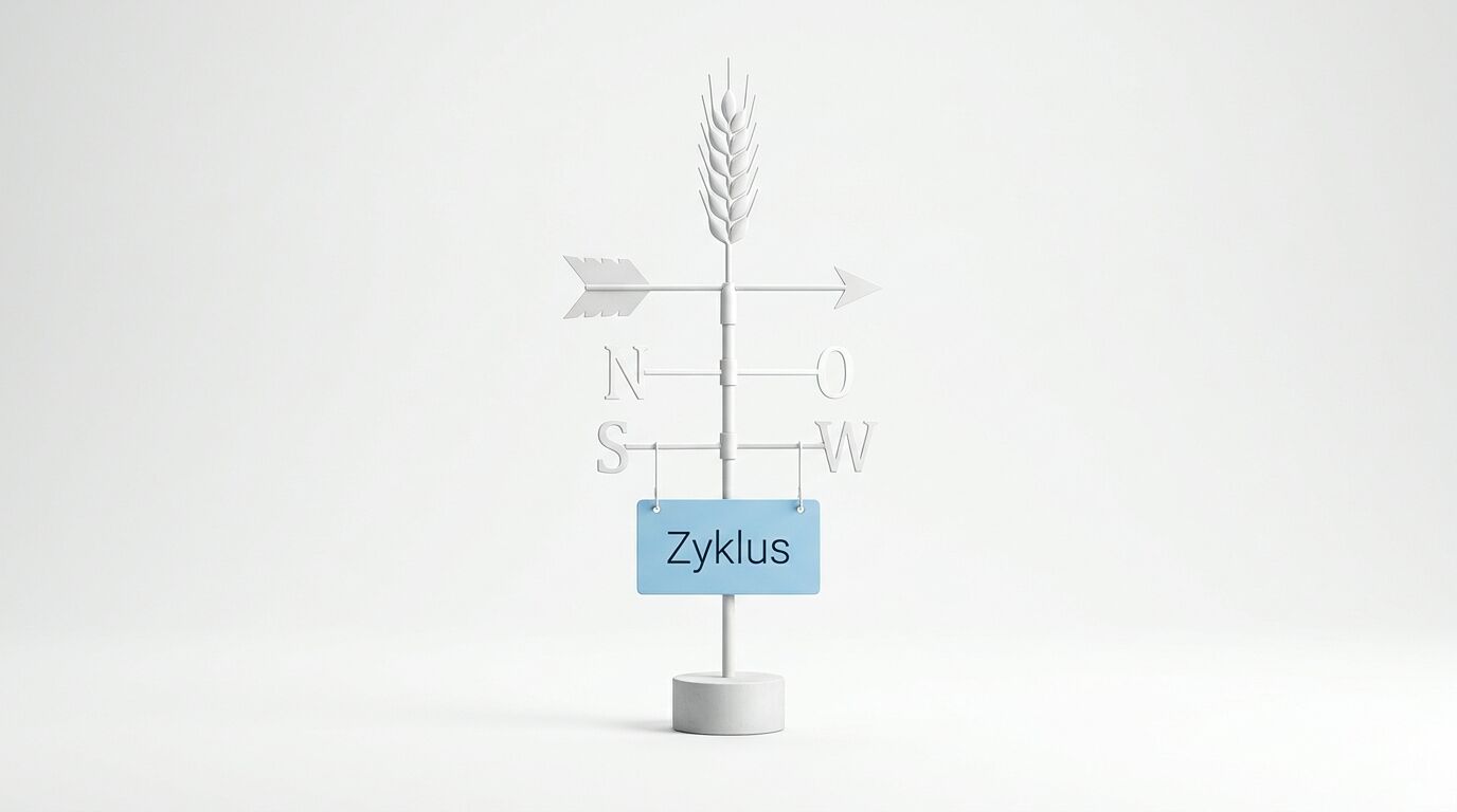 Weiße Windrose mit Ährengriff, Himmelsrichtungen und blauer Plakette „Zyklus“