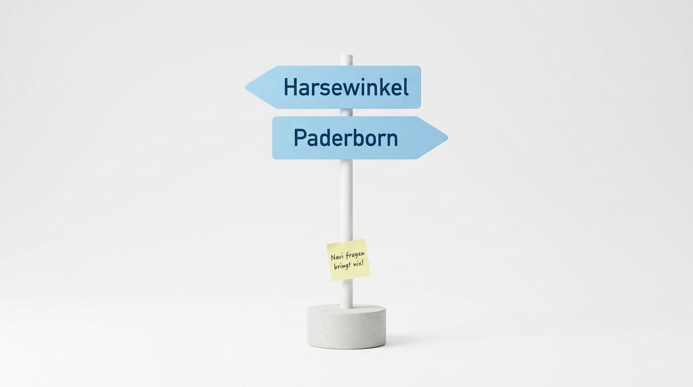Wegweiser mit Harsewinkel links, Paderborn rechts und gelbem Post-it vor weißem Hintergrund