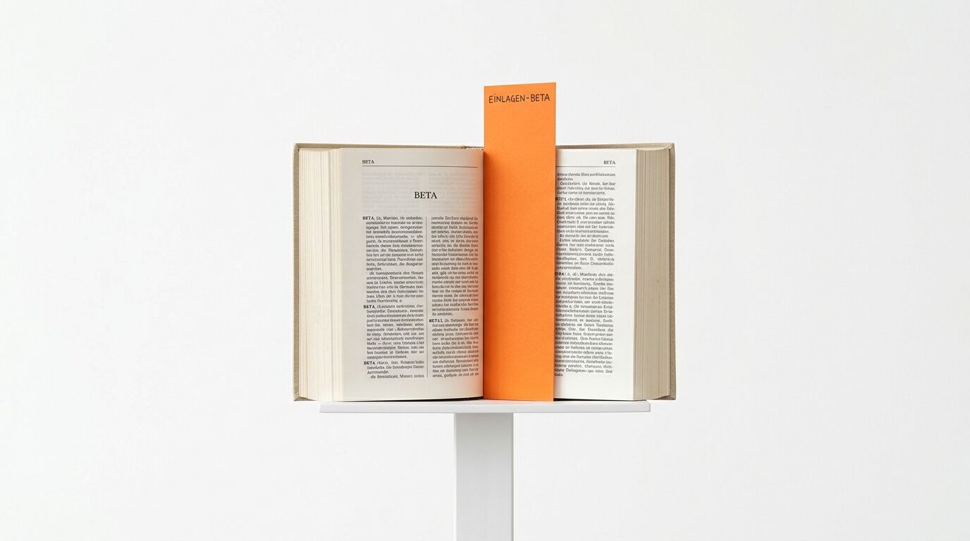 Ein aufgeschlagenes Buch mit einem orangefarbenen Lesezeichen steht auf einem weißen Podest