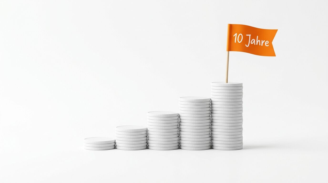 Münzstapel in Treppenform mit orangefarbener Fahne und Aufschrift „10 Jahre“
