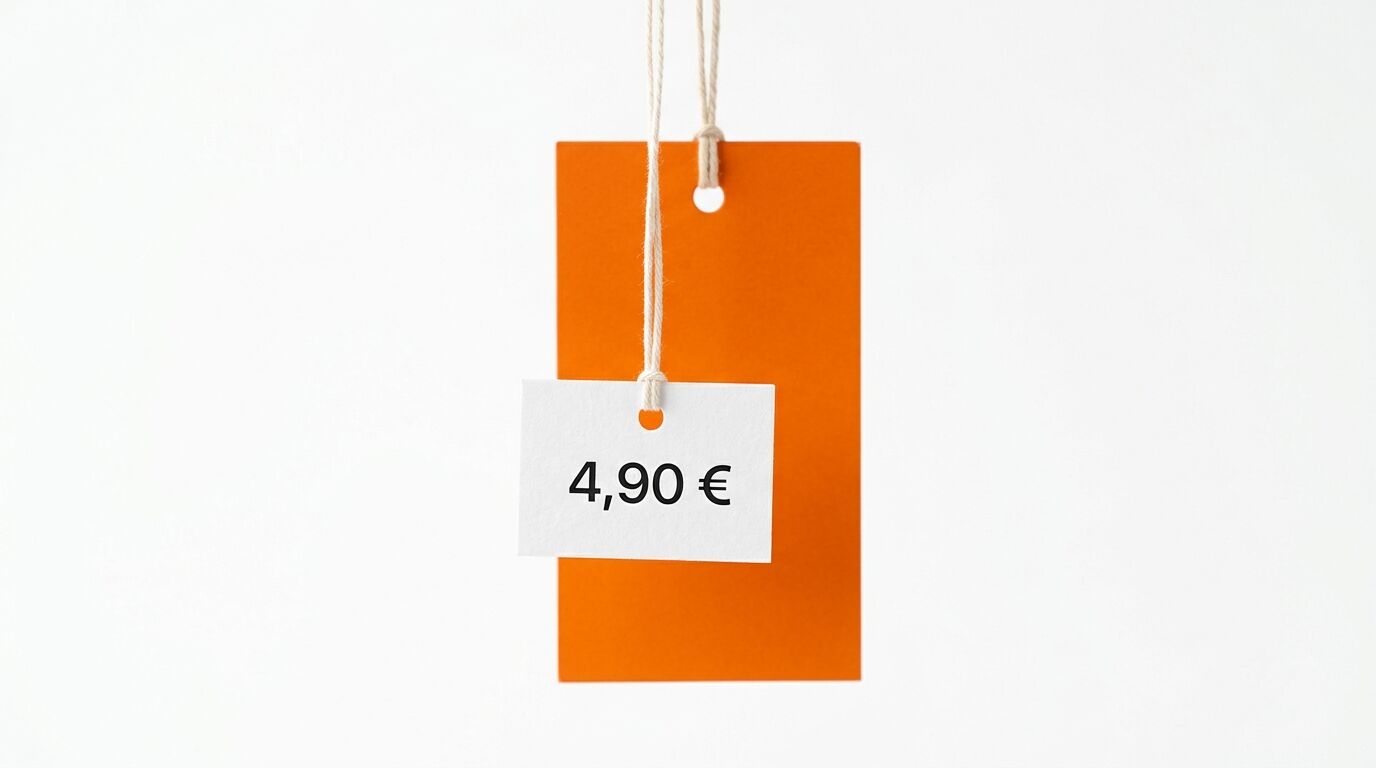 Oranges Preisschild mit Schnur und weißem Etikett „4,90 €“ vor weißem Hintergrund
