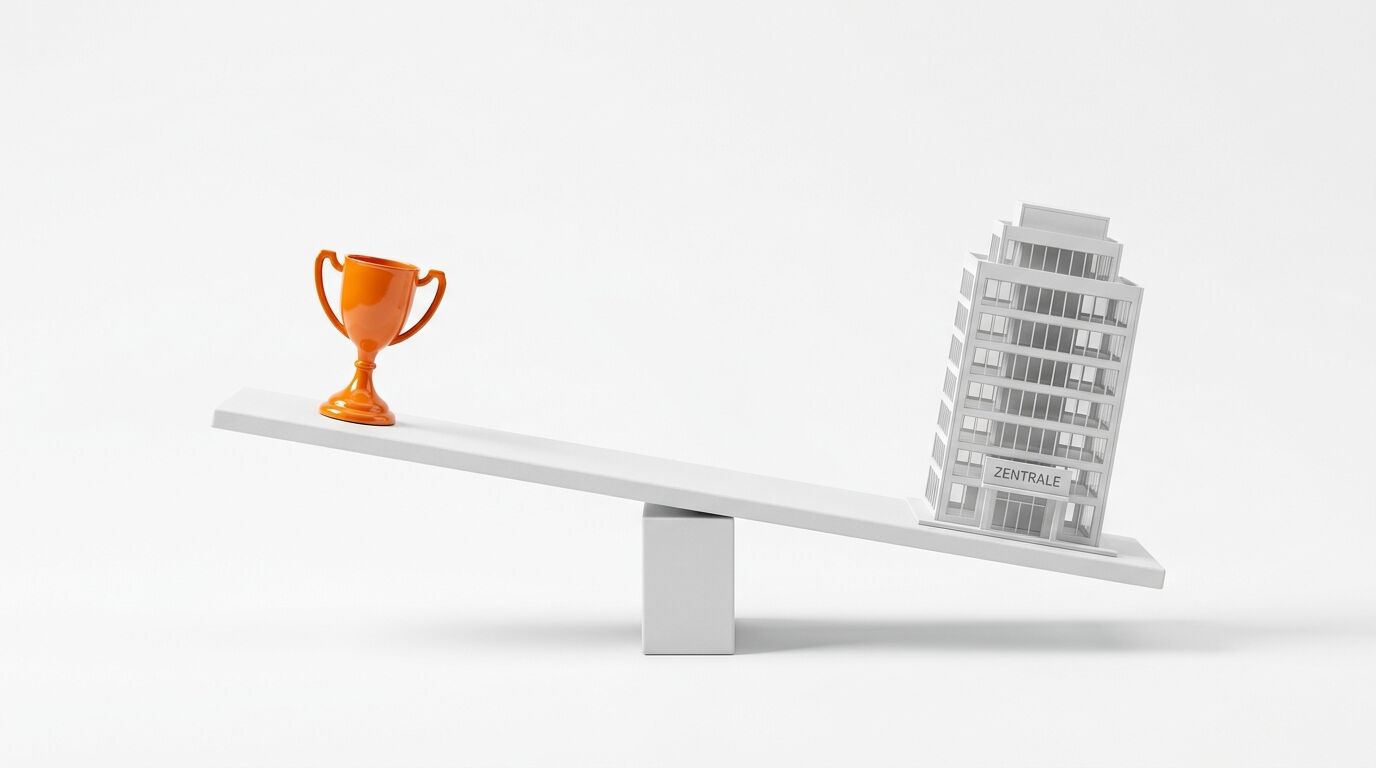 Eine Wippe mit einem orangefarbenen Pokal auf der einen Seite und einem Hausmodell auf der anderen