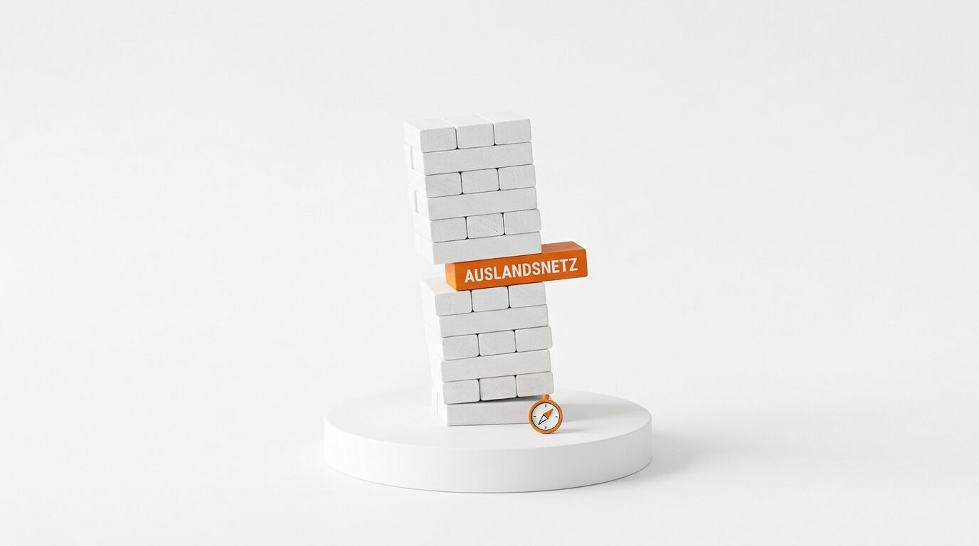 Turm aus weißen Steinen mit einem orangefarbenen Stein mit der Aufschrift „AUSLANDSNETZ“ darauf