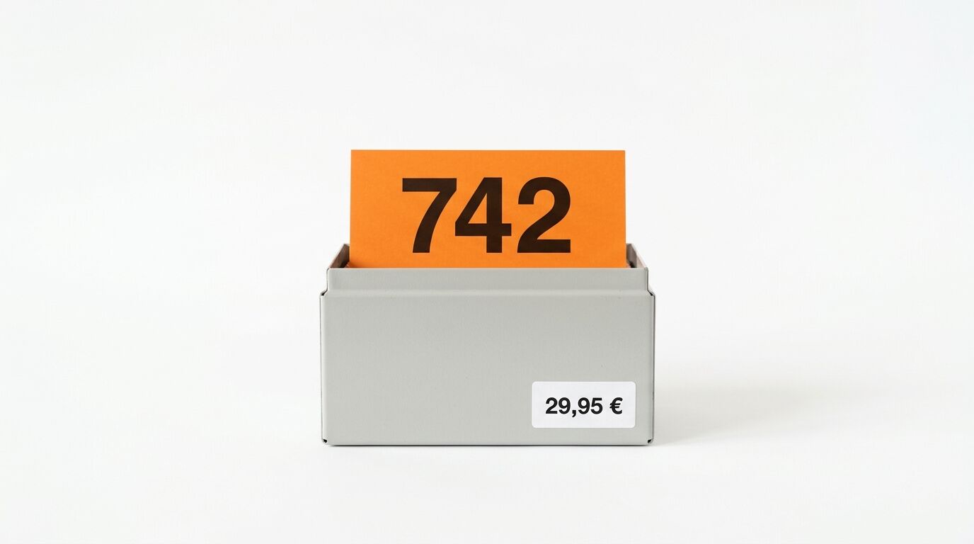 Graue Box mit Preisschild 29,95 € und herrausragender oranger Karte mit Zahl 742 vor weiß