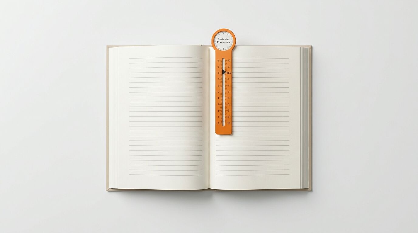 Ein aufgeschlagenes liniertes Buch mit einem orangefarbenen Lesezeichen und Skala