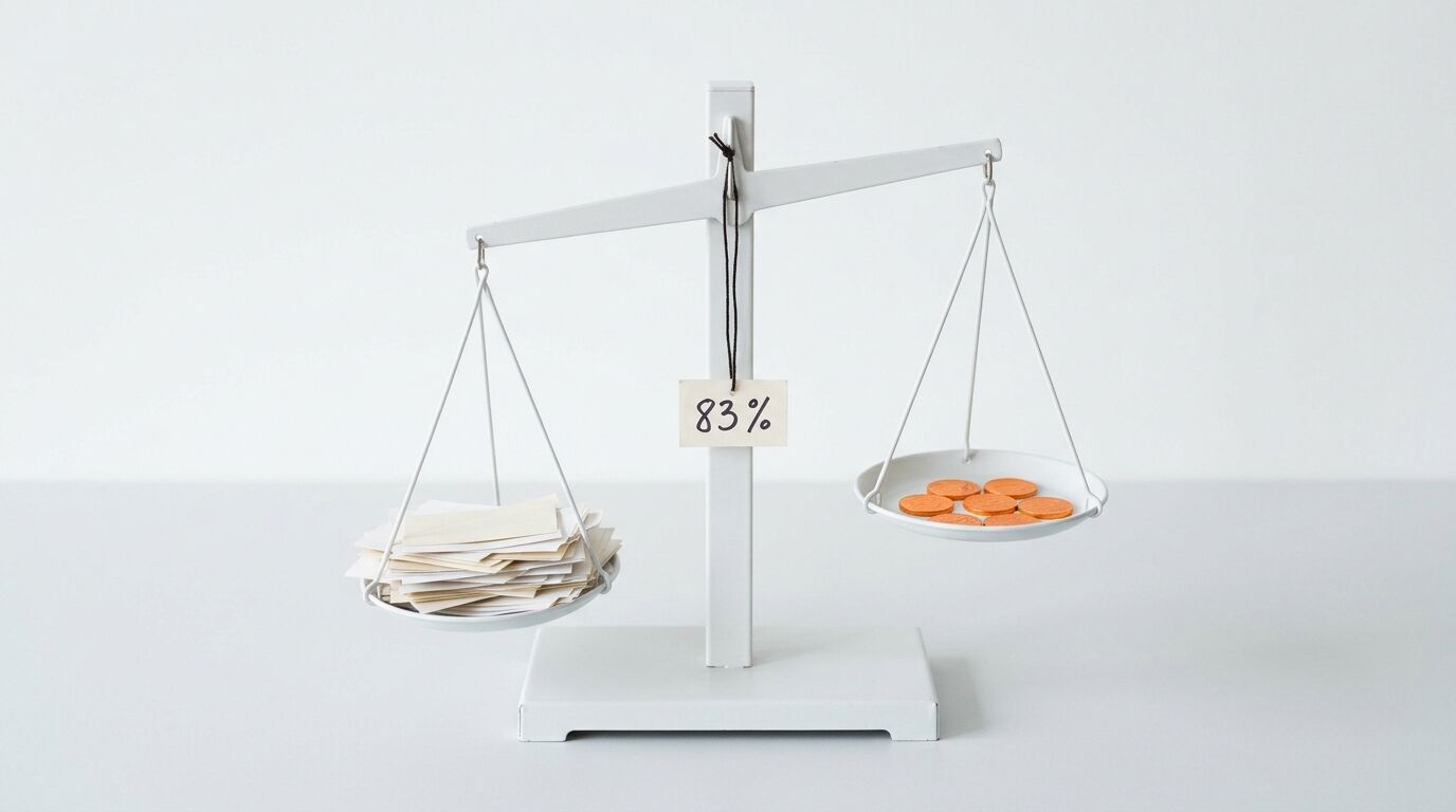 Eine Waage mit Papierstapel (links) und Münzen (rechts) sowie einem Schild mit der Aufschrift „83 %“
