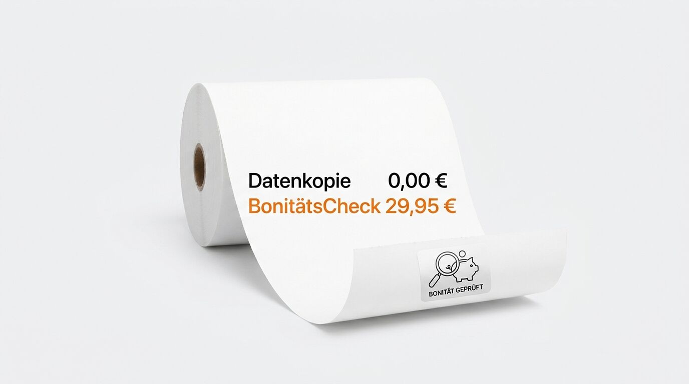 Papierrolle mit Texten „Datenkopie“, „BonitätsCheck“ und Siegel „BONITÄT GEPRÜFT“