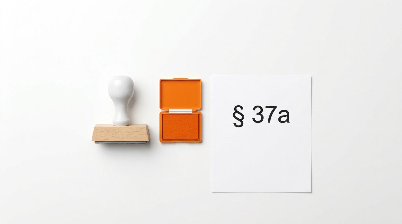 Stempel, oranges Stempelkissen und Papier mit Aufdruck „§ 37a“ auf weißem Grund