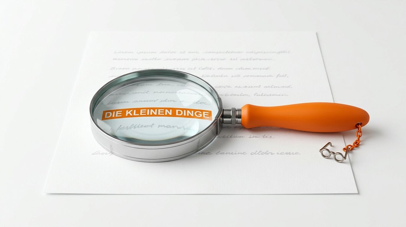 Lupenvergrößerung des Textes DIE KLEINEN DINGE auf einem Papier in der Draufsicht