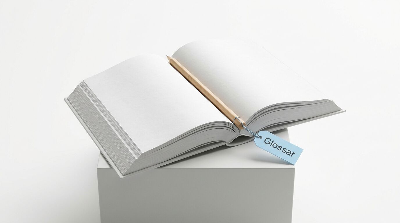 Ein aufgeschlagenes Buch mit leerem Inhalt, darauf ein Stift und ein Anhänger „Glossar“