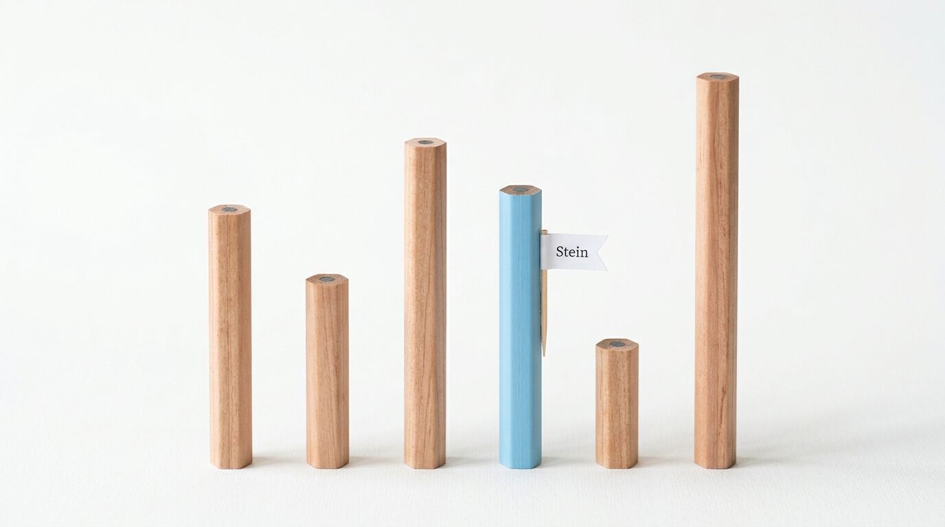 Sechs ungespitzte Bleistifte in unterschiedlichen Höhen auf weißem Hintergrund. Der blaue Stift hat ein Fähnchen mit dem Text „Stein“