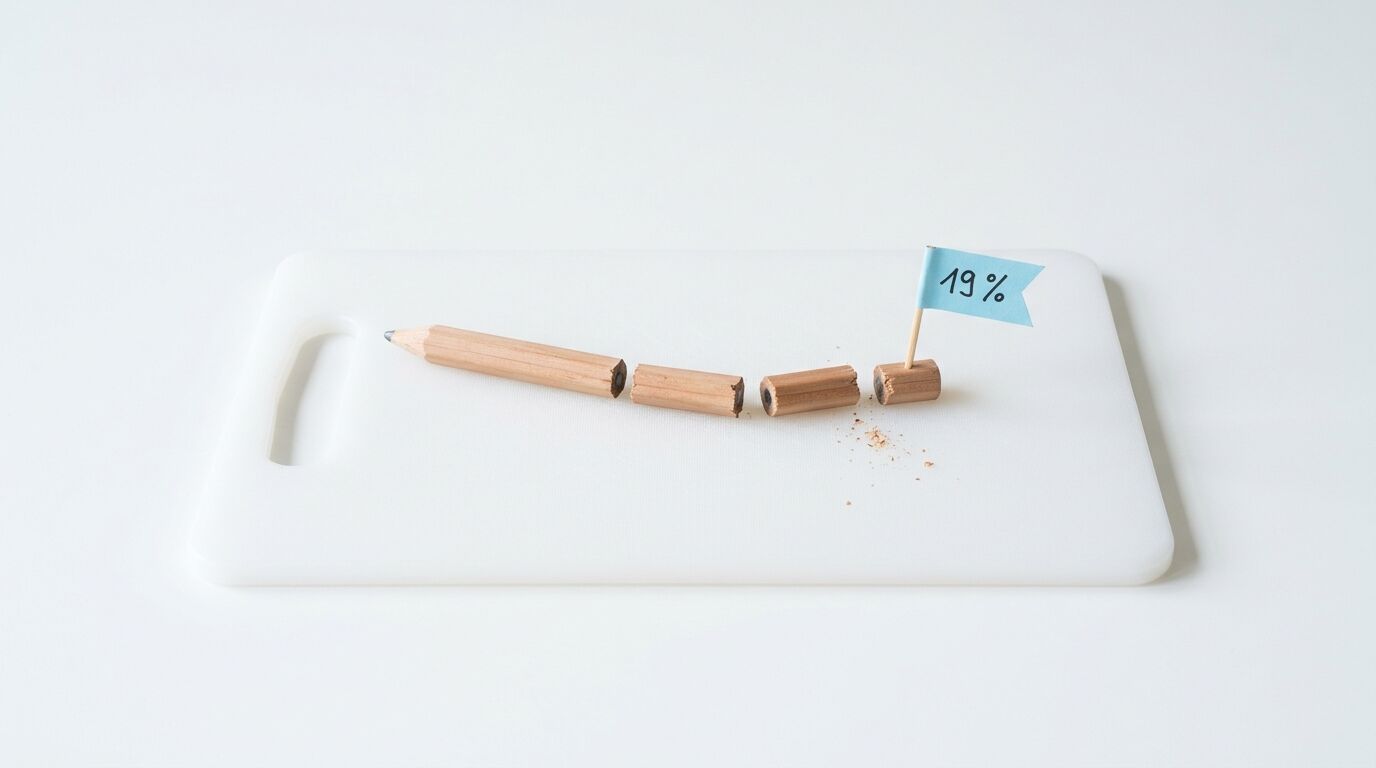 Zerstückelter Holzbleistift und 19%-Fähnchen auf Schneidbrett vor weißem Grund