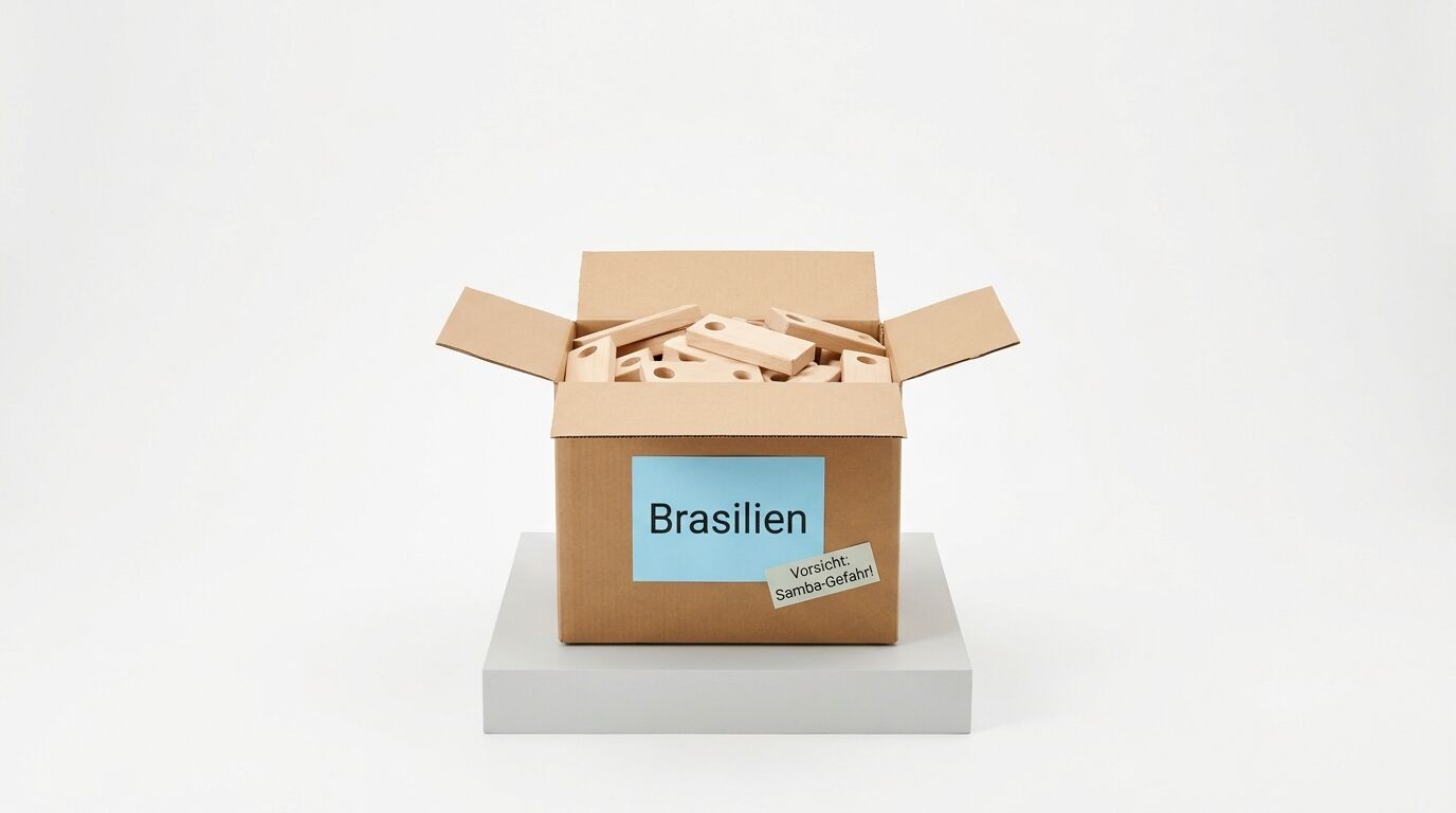 Karton mit Holzblöcken und Schild „Brasilien“ auf Podest