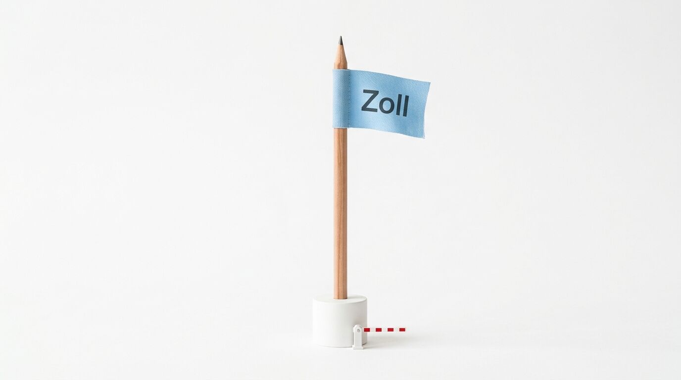 Ein Bleistift als Fahnenmast mit blauer „Zoll“-Fahne in einem Ständer mit Schrankenmodell
